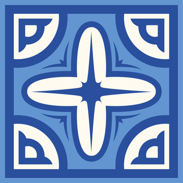 Azulejo tile with blue square frame, white four-point star center, curved corner arches and layered geometric shapes. Suitable for ceramics, wallpaper, fabric, packaging, cards, labels and prints