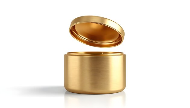 Luxury gold metal storage container with hinged lid opening. Premium polished brass canister for jewelry, cosmetics, or keepsakes display.
