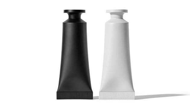 Empty cosmetic squeeze tubes for product design and packaging mockups. Minimalist black and white containers for branding and beauty product develo...