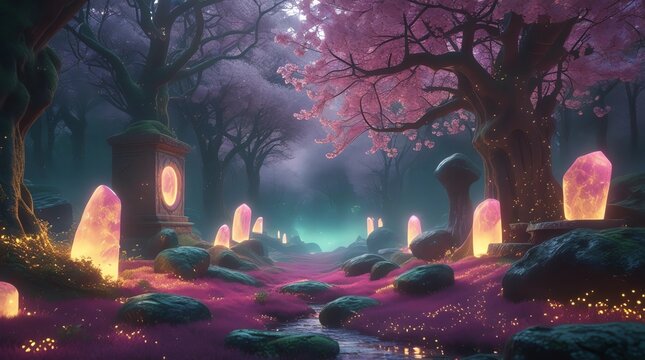 Enchanted pink fantasy forest with glowing crystals and cherry blossoms