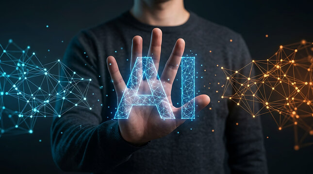 Man hand touching glowing AI wireframe symbol with digital network connection