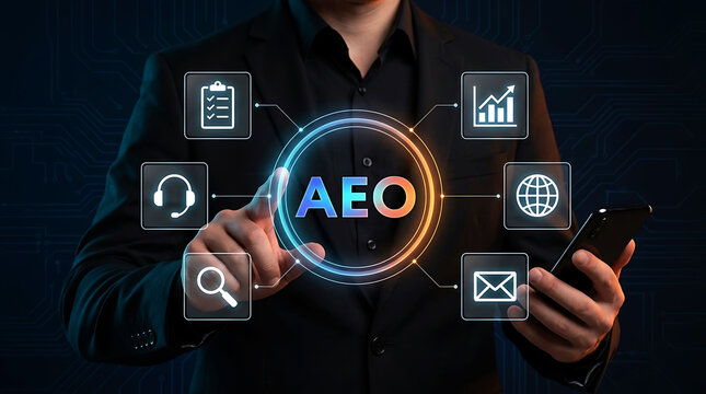 Businessman pointing at AEO Answer Engine Optimization virtual icons on screen