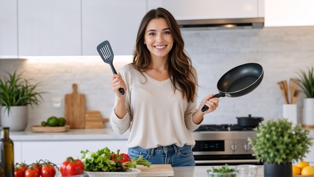 Smiling young woman holding a frying pan and spatula in a modern kitchen. Happy female cook standing with fresh vegetables on the counter. Home cooking concept