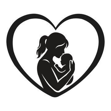 Mother Holding Baby in Heart Shape Silhouette Love Vector Illustration. Resizable and editable, EPS 10.