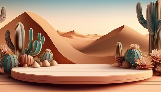 Desert Mock Up Scene Product Presentation Platform With Cactus And Floral Elements