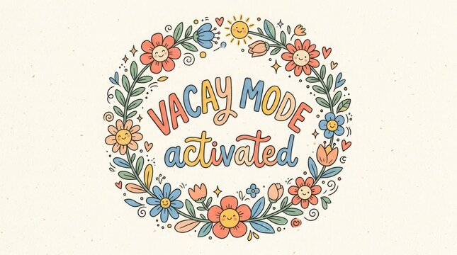 Vacay mode activated whimsical floral illustration for travel and relaxation