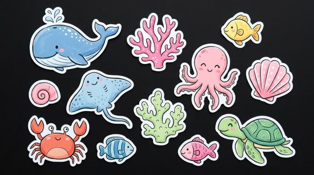 Cute cartoon ocean animals and coral stickers set on dark background