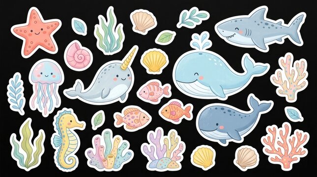 Cute ocean creatures stickers and illustrations set for children's designs