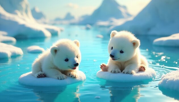 Two cute polar bear cubs swim in bright blue ocean water among ice floes. Young animals play on ice chunks in Arctic environment. Adorable wildlife friends enjoy sun.