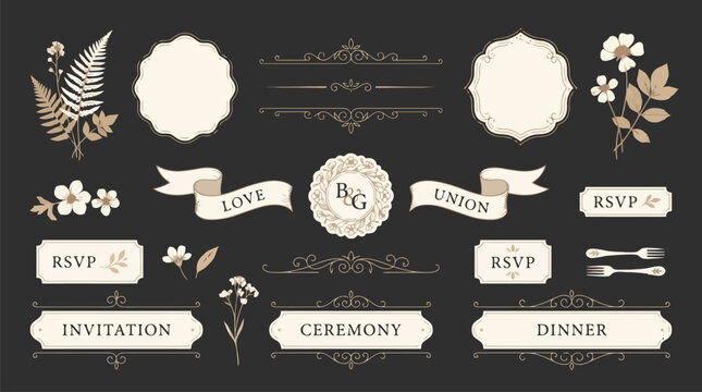 Vintage wedding invitation elements, elegant floral frames and ribbons, luxury rsvp and ceremony labels, ornate vector set for marriage stationery