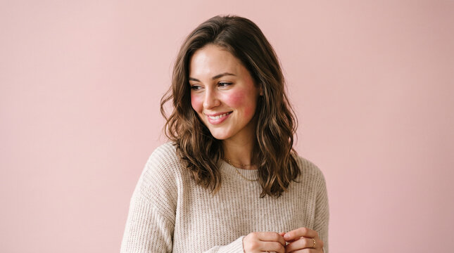 Young Woman Blushing with Embarrassment and Smiling while Looking Away against Pink Background