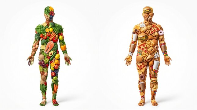 Healthy vs unhealthy food human body concept. Diet comparison with fresh produce and fast food.