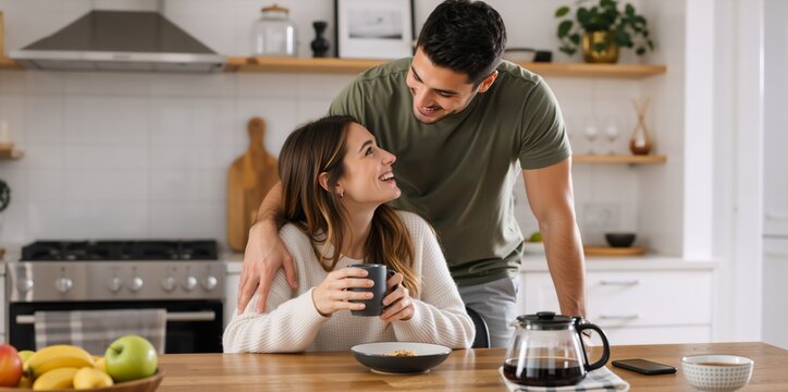 Happy young couple enjoying morning coffee in kitchen. Smiling man and woman talking during breakfast at home. Romantic relationship concept