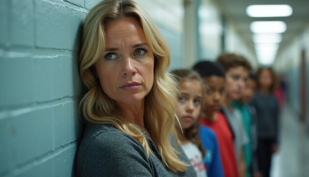 Teacher stands by wall looking concerned diverse students line up in school hallway. Children look ahead with serious expressions. Safety drill emergency preparedness drill. Education, classroom,