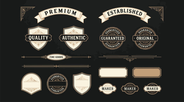 Vintage badge collection with elegant ribbons and shields, retro label set for premium branding, classic ornate frames and dividers on black background