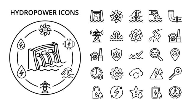 Hydropower icons set, vector illustration of renewable energy sources, water dam, turbine, electricity generation, power plant, and sustainable power technology