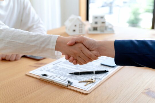 契約締結の握手不動産売買取引で信頼を築くビジネスシーン