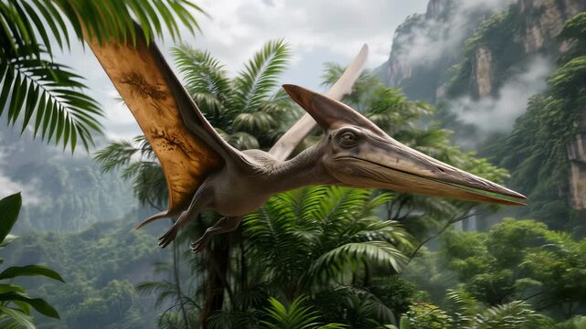 Flying pterosaur soaring through prehistoric mountain valley with waterfalls. Tracking shot of winged reptile gliding over tropical jungle.
