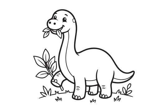 Cute long neck brontosaurus dinosaur eating leaves outline vector illustration for kids coloring page.