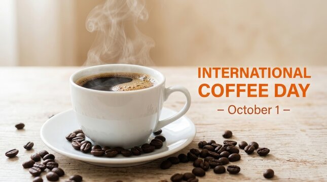 International coffee day celebration with steaming cup and coffee beans