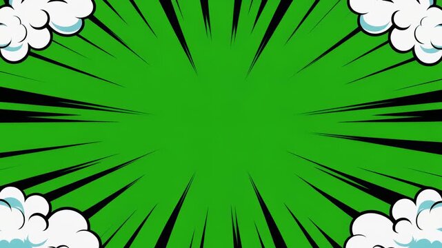 Pop art comic background with radial speed lines and clouds.