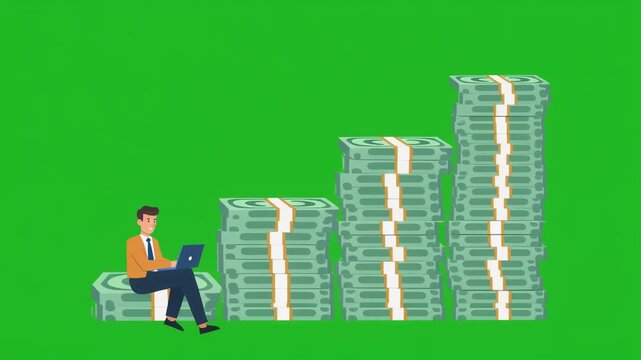 Businessman on laptop with money stack graph on green background.