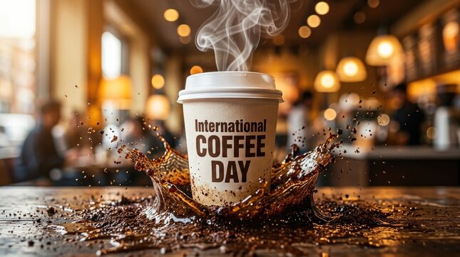 International coffee day celebration steaming hot coffee splash with cafe background