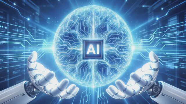 Robotic hands cradling glowing artificial intelligence sphere. Concept of advanced neural network and machine learning technology. Lockdown shot.