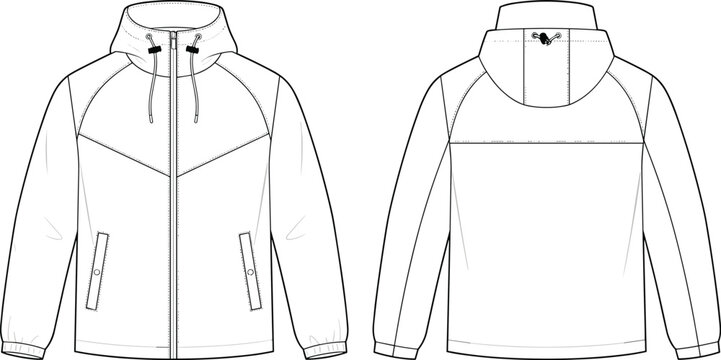 Flat sketch of a hooded windbreaker jacket fashion technical drawing template with zipper and pockets