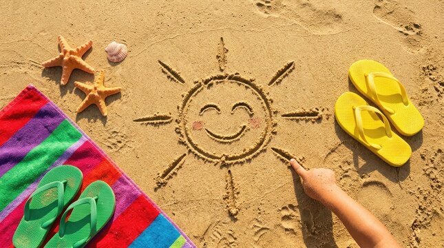 Summer beach day hand drawing a smiling sun in golden sand with accessories