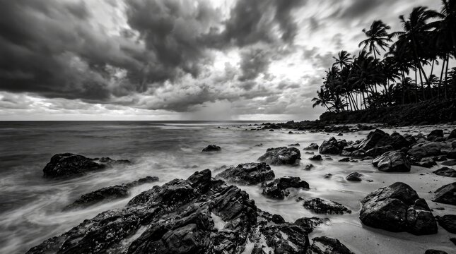 Dramatic black and white coastal scene with palm trees and stormy skies