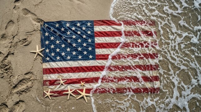 American flag on beach with starfish patriotic summer coastal scene