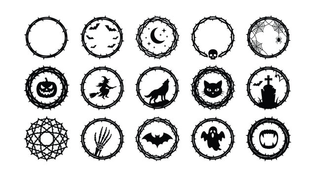 Collection of round frames made of thorny branches isolated on white background. Ideal for creative Halloween.