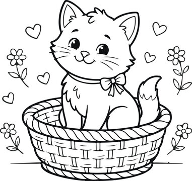 Cute white kitten sitting in a woven basket with floating hearts. Adorable cartoon cat illustration for Valentine's Day or pet-themed designs.