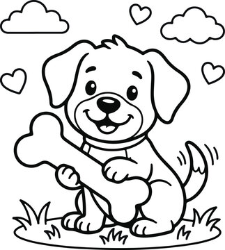 Cute puppy sitting in grass with floating hearts. Adorable cartoon dog illustration for children's coloring and love-themed designs.