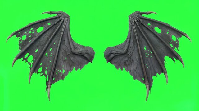 Tattered dragon wings flapping against green screen. Mythical creature anatomy for visual effects. Static wide shot.