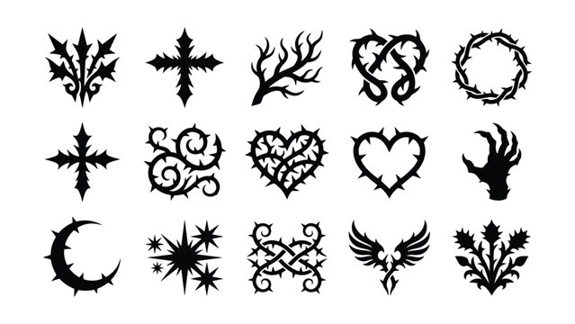 Set of gothic thorn and spooky icons isolated on white background. Perfect for dark fantasy or tattoo design projects.