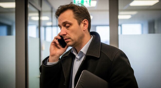 Burned out office worker making final call near exit shows inability to disconnect, work spillover and realistic emotional fatigue after long day.