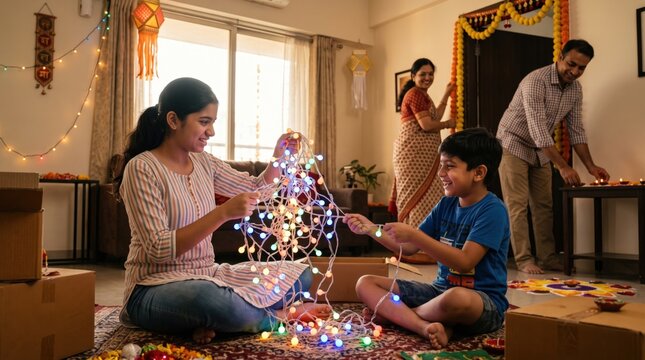 Family decorates home with lights for festival celebration