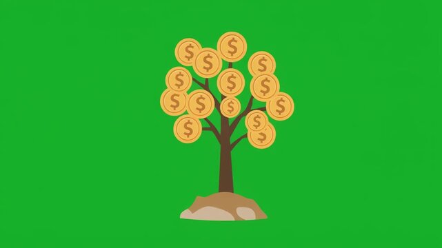 Flat vector money tree with gold dollar coins on green background.