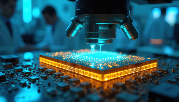 Scientific microscope examines stacked semiconductor chiplet in laboratory environment. Engineer checks photonic interconnect research for advanced packaging innovation. Electronic circuit testing