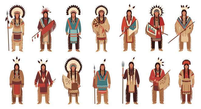 Native American characters standing in traditional tribal clothing with feather headdresses and spears isolated on white background.