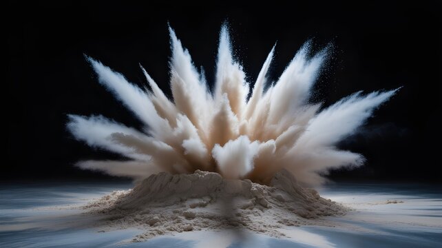Dynamic explosion of fine white powder against a solid black background, capturing a dramatic burst of particles in midair