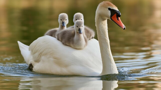 White mother mute swan gliding on pond water with fluffy cygnets on her back, graceful wildlife photography.