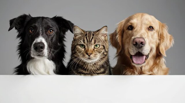 Border collie, tabby cat, and golden retriever looking at camera isolated on white background