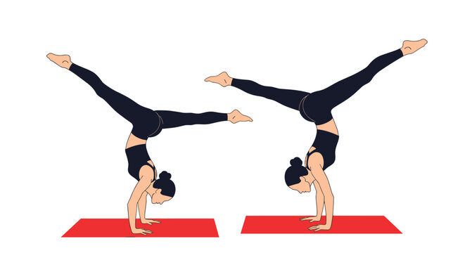 Two women demonstrating advanced yoga handstand splits on red exercise mats in flat vector illustration style.