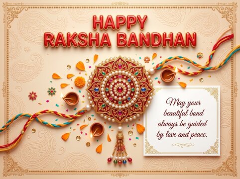 Happy raksha bandhan greeting card design with traditional rakhi bracelet and elegant red satin hanging lettering featuring a heartfelt message of love and peace for celebrating the sibling ... 