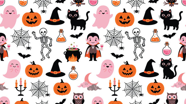 Halloween seamless pattern vector illustration with cute spooky characters and holiday elements background