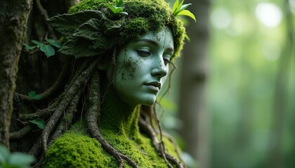Fototapeta premium Ancient stone statue of woman covered in green moss, forest roots standing in woods. Mystical dryad fairy sculpture personifies nature spirit. Calm face of mythical nymph blends with trees in