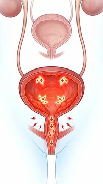 Urinary tract affliction: cystitis condition, bladder inflammation, painful sensation, human discomfort, internal organ, medical problem, urethra distress, body health.